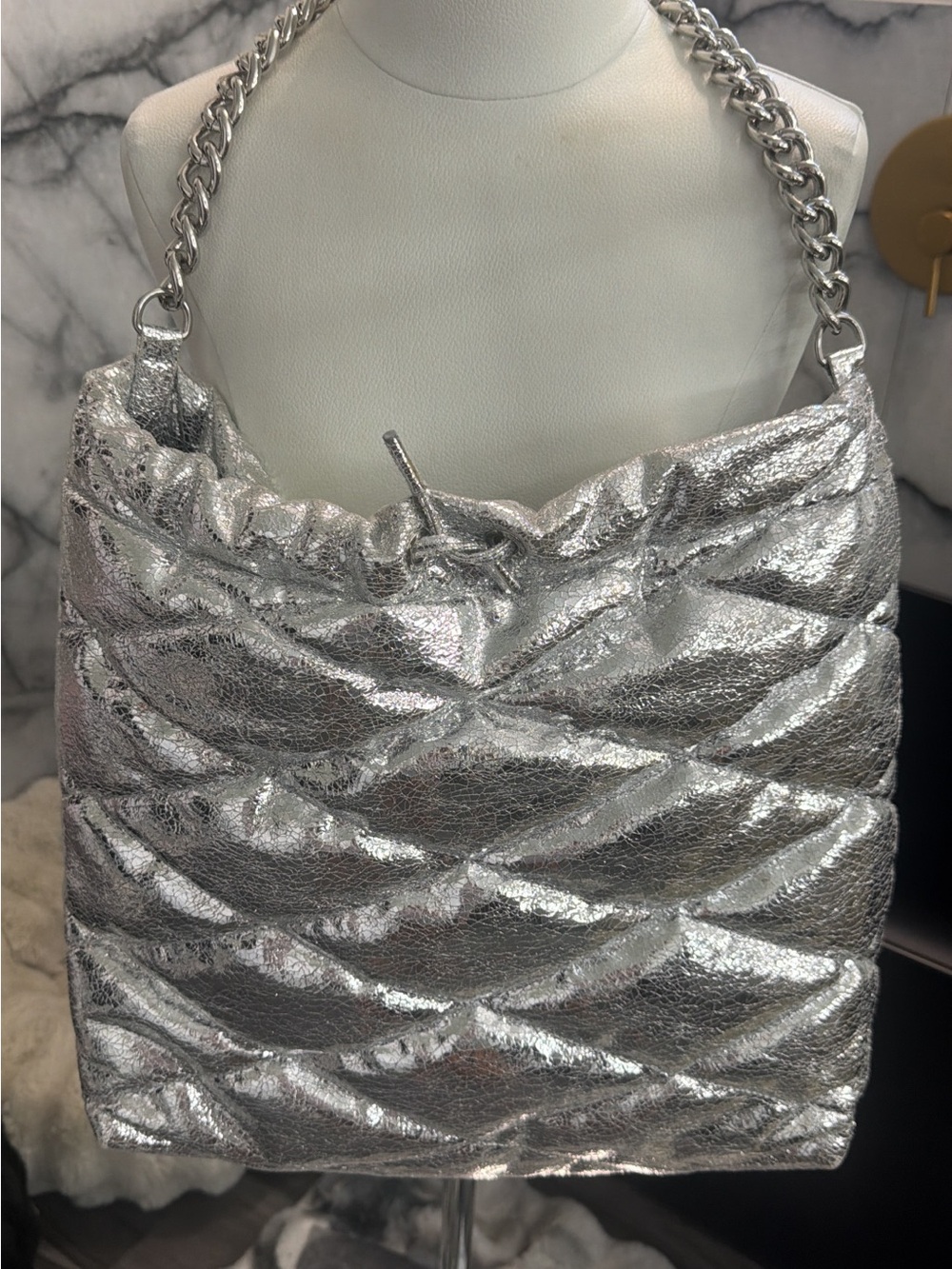 Topshop Metallic Silver Quilted Chain-Handle Shoulder Bag